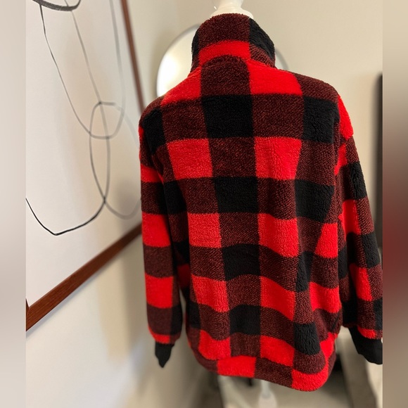 New! Loft Women’s Sherpa Quarter Zip Red and Black Buffalo Plaid Sweatshirt - Picture 12 of 15